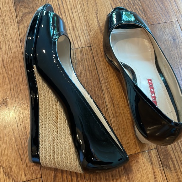 Prada Wedge Sandals in Black Patent 39 - Picture 6 of 9